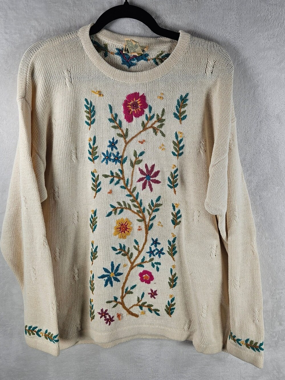 Vintage L.L. Bean Crewneck Sweater Floral Embroidered Cream Womens Large